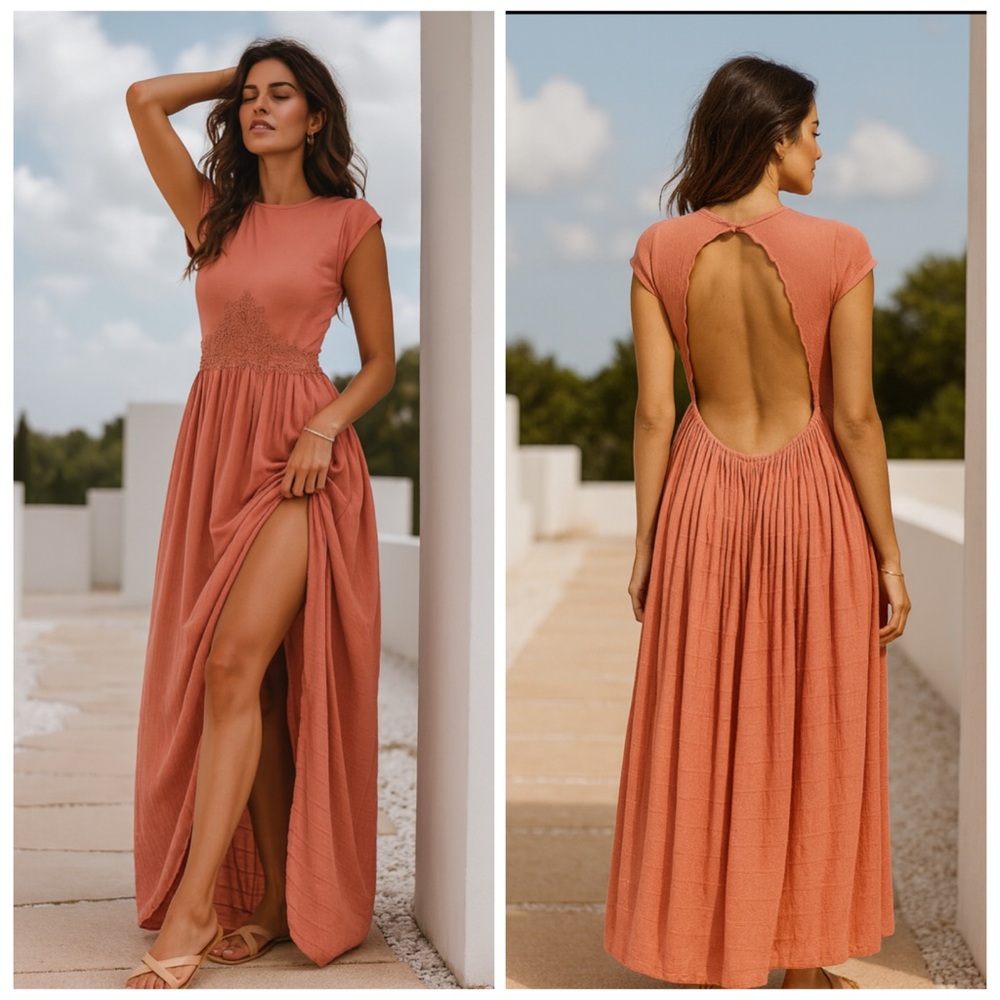 NWT Free People x Revolve Coral Open Back Short Sleeve High Slit Maxi Dress M